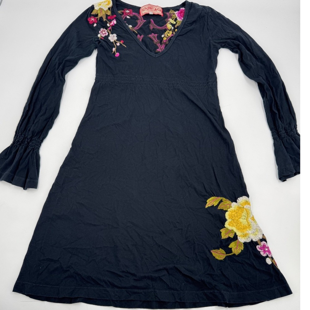 JWLA Johnny Was Black Embroidered Floral Long Sleeve V Neck Mini Dress‎ XS